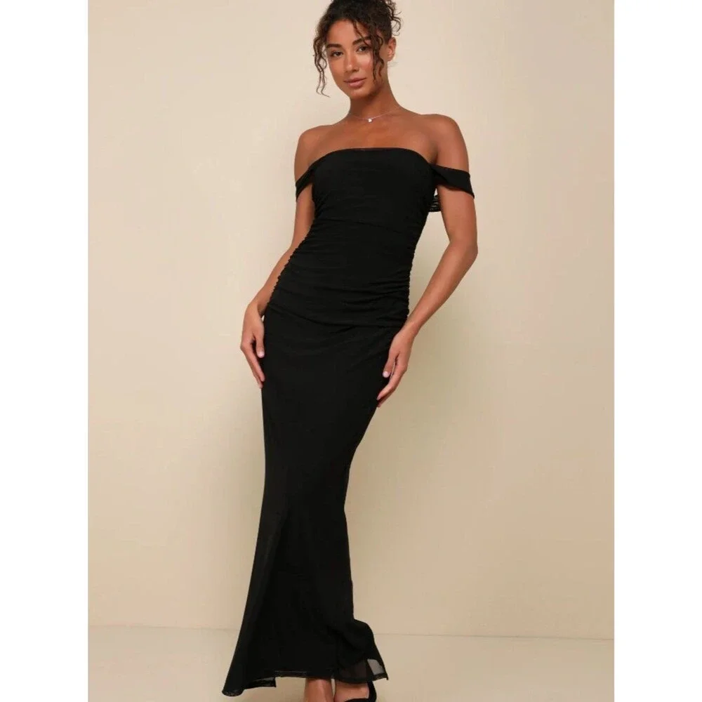Lulus Black Mesh Ruched Column Maxi Dress